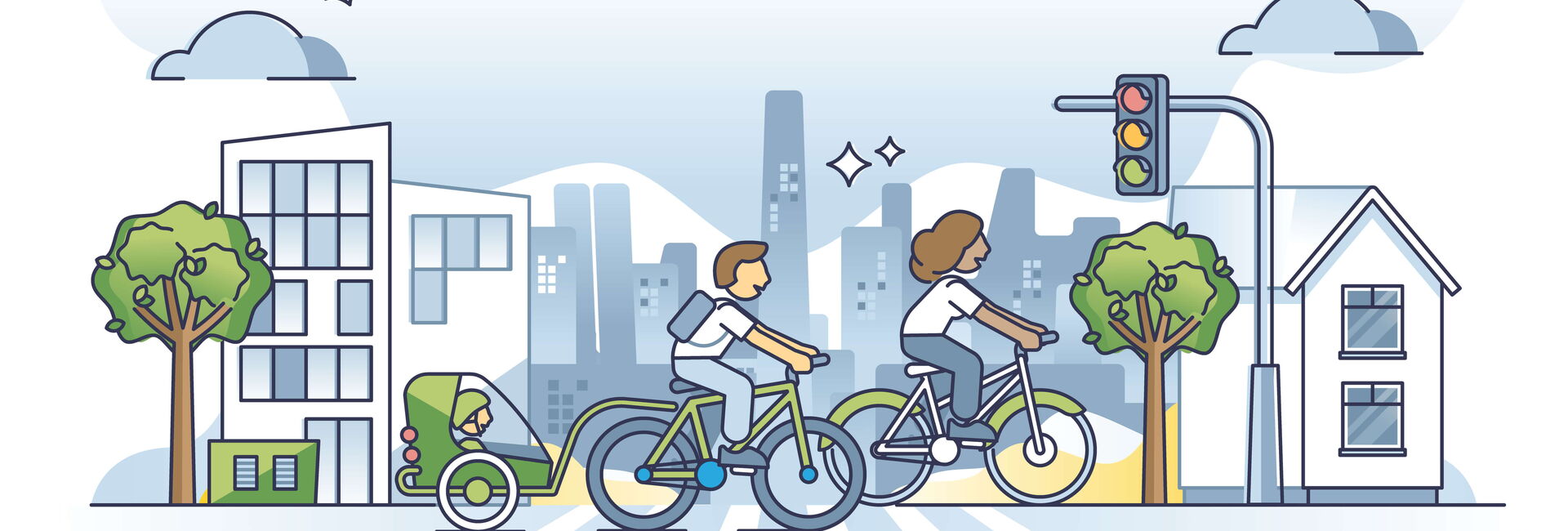 Konzeptentwurf für das Pendeln mit dem Fahrrad als städtisches Verkehrsmittel von zu Hause zur Arbeit. Vektorillustration eines umweltfreundlichen Lebensstils mit täglicher Fahrradnutzung. Eine gesunde und naturverträgliche Alternative zum Auto