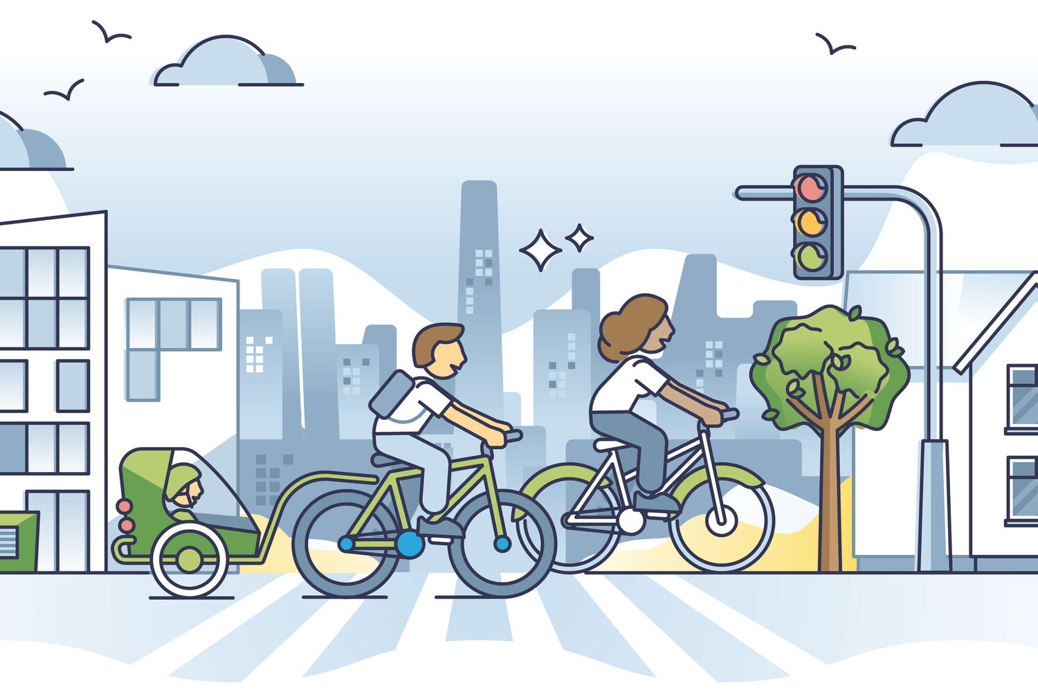 Konzeptentwurf für das Pendeln mit dem Fahrrad als städtisches Verkehrsmittel von zu Hause zur Arbeit. Vektorillustration eines umweltfreundlichen Lebensstils mit täglicher Fahrradnutzung. Eine gesunde und naturverträgliche Alternative zum Auto