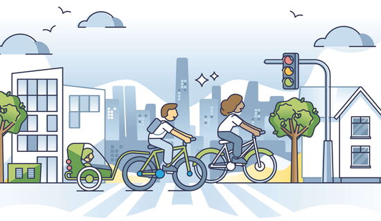 Konzeptentwurf für das Pendeln mit dem Fahrrad als städtisches Verkehrsmittel von zu Hause zur Arbeit. Vektorillustration eines umweltfreundlichen Lebensstils mit täglicher Fahrradnutzung. Eine gesunde und naturverträgliche Alternative zum Auto